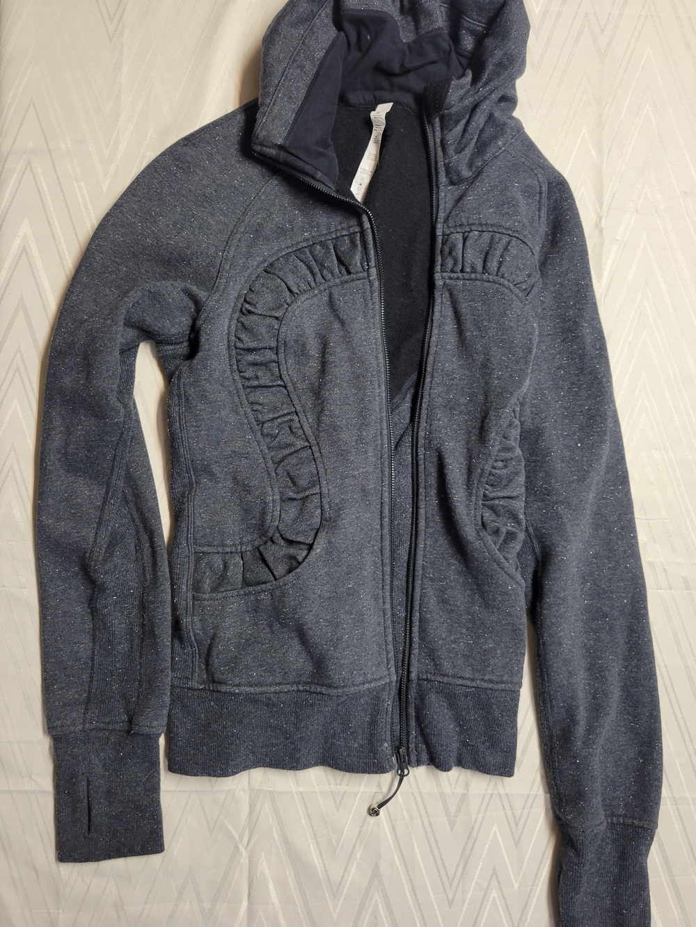 Women's Dark Heather Gray Zip Hoodie Jacket with Ruffle Detail